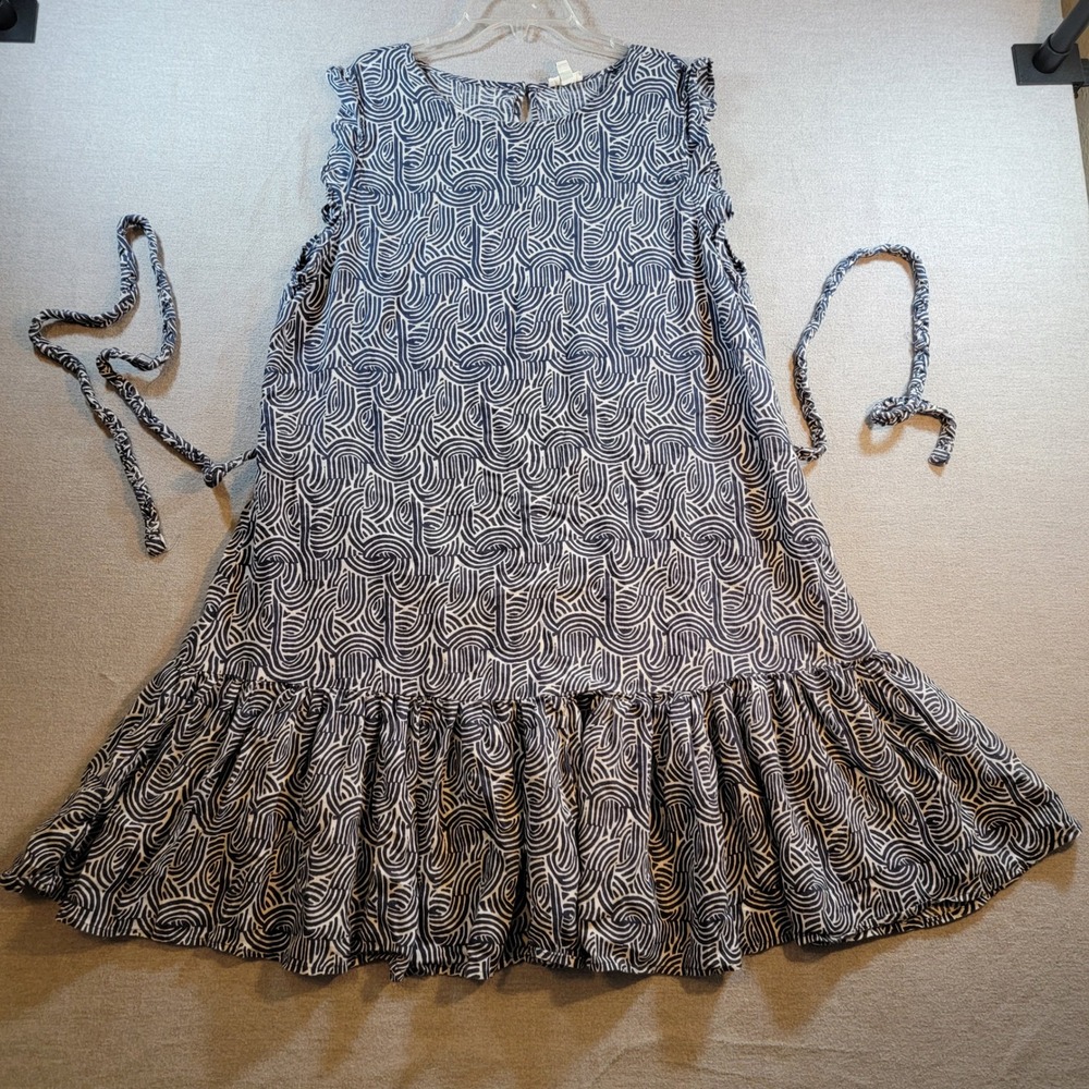 Dip Dress Womens XL Blue Excellent Ruffle Tiered Lyocell Linen Abstract Swirl